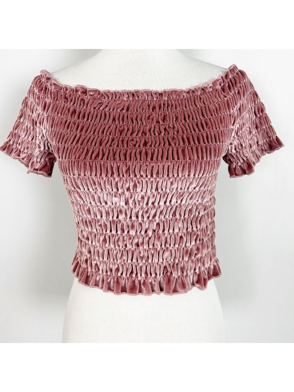 Women's Pink Velvet Ruched Cropped Top Off The Shoulder Stretch Milkmaid Size XL